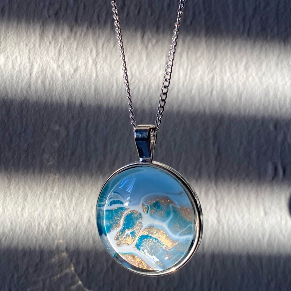 LAST CHANCE SALE! Handpainted Silver Ocean Wave Pendant Necklace Wearable Art